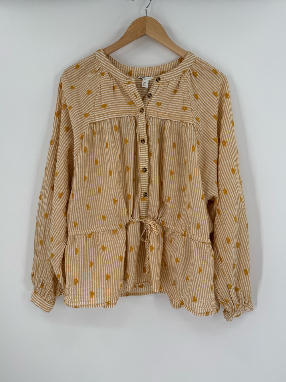 Cato Cotton Striped Button-Front Tie Waist Peplum Top | Mustard Clip Dot | XL
